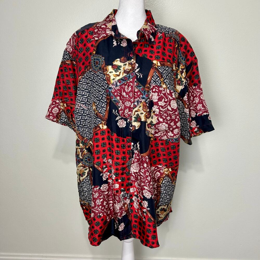Vintage Diana Marco 100% Silk Blouse 18 Womens Red Button up Paisley Floral